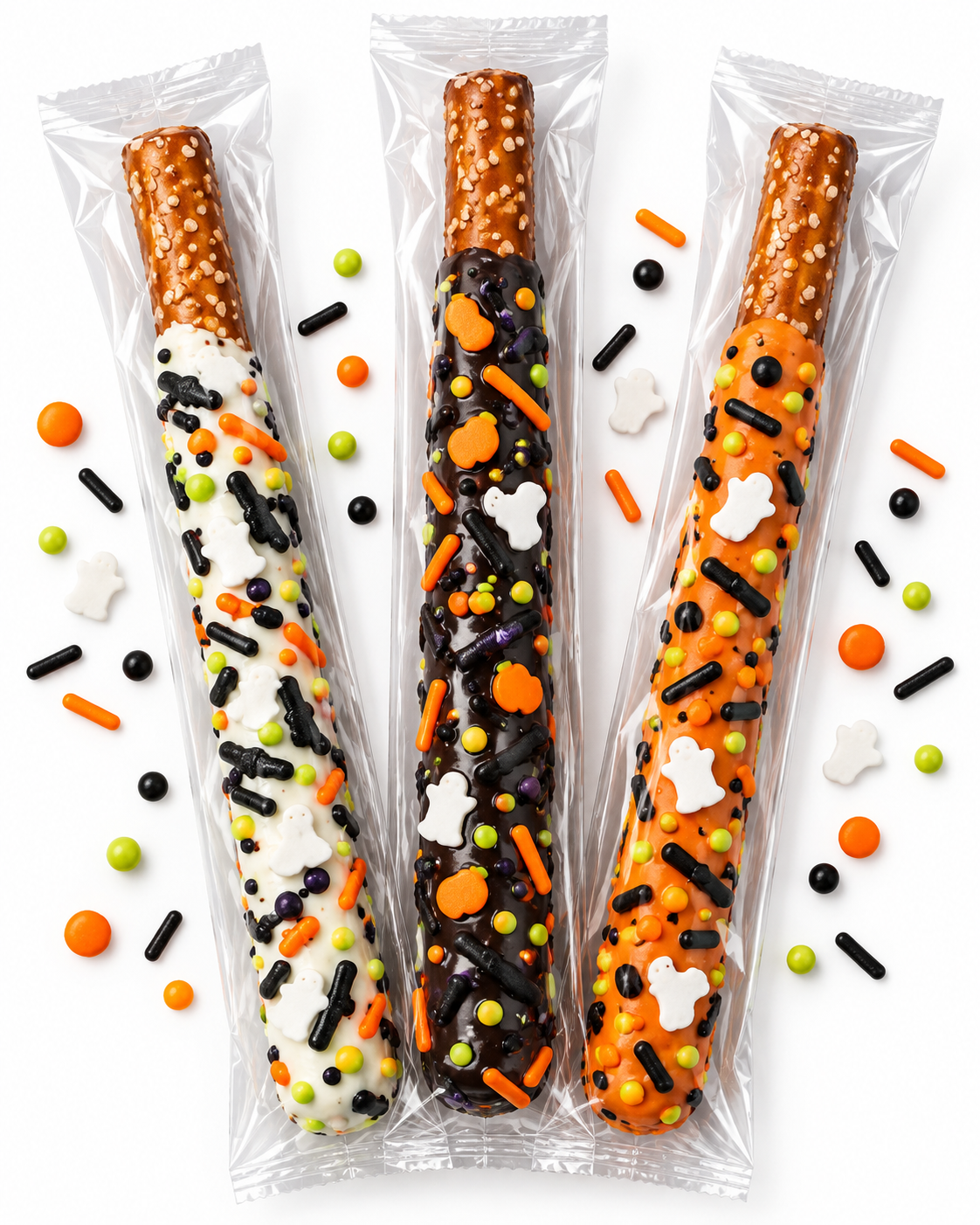 Halloween Infused Pretzel Rods 3-pack in clear wrappers on white background