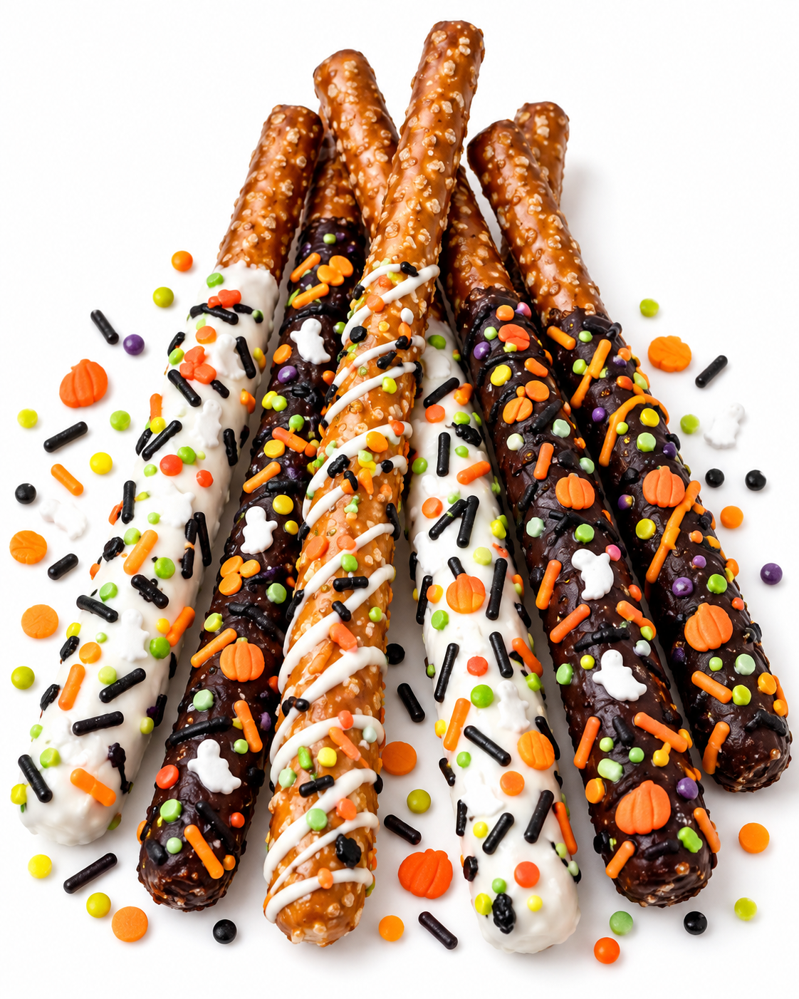 Halloween Infused Pretzel Rods 6-pack piled with Halloween candy on white background